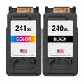 Two HP 241XL and 240XL remanufactured ink cartridges shown side by side on a white background. The left cartridge is labeled 241XL COLOR with a multicolor band, and the right cartridge is labeled 240XL BLACK with a black band.