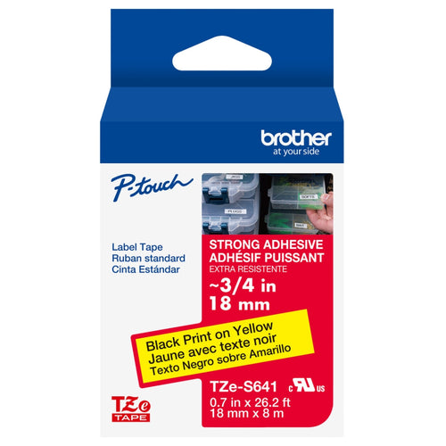 Brother P-touch Strong Adhesive Label Tape in black print on yellow tape, shown in its retail packaging. The packaging features a blue top section with a hanging cutout, a white middle section with product details, and a red bottom section with specifications.