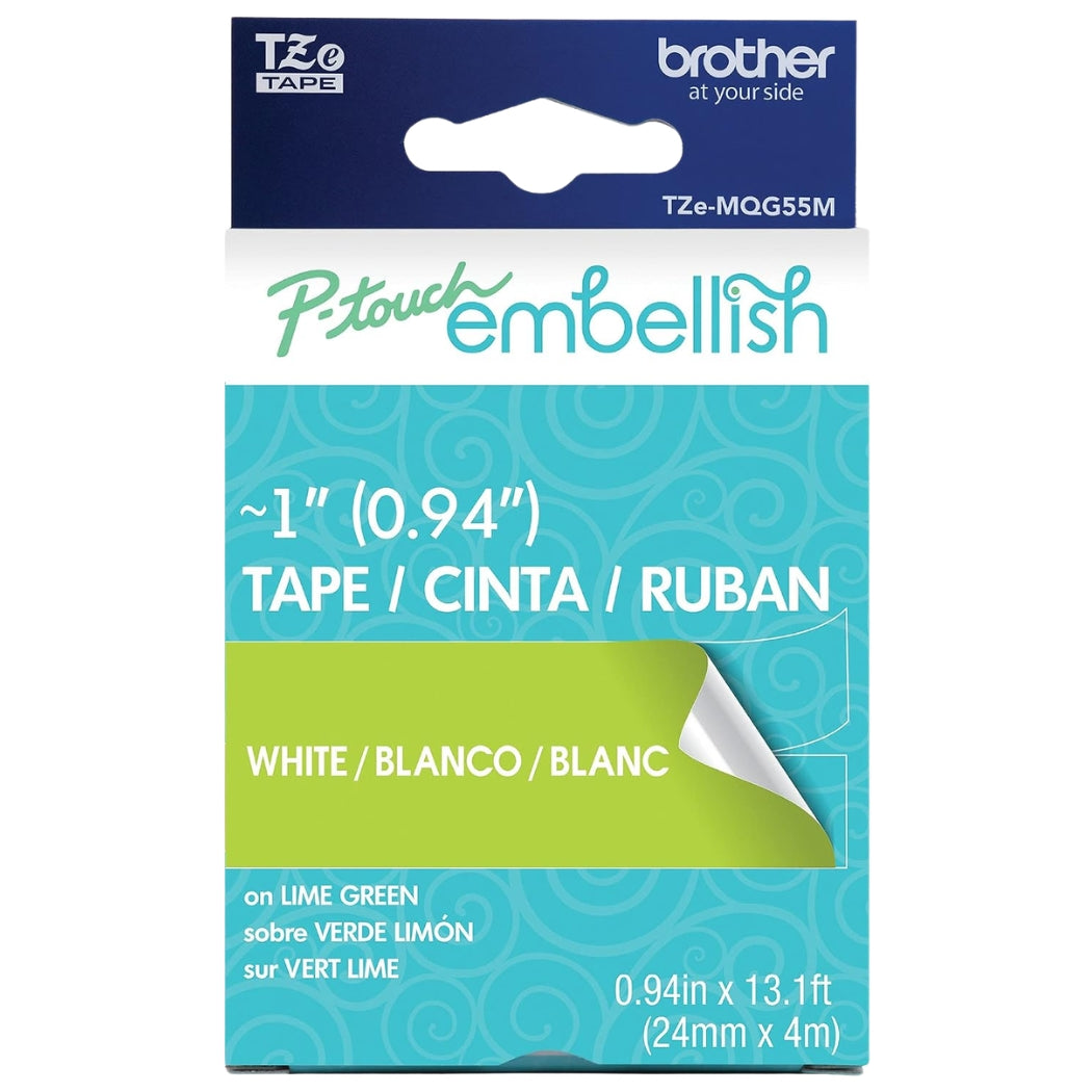 Brother P-touch TZe-MQG55M White on Lime Green Tape, 24 mm
