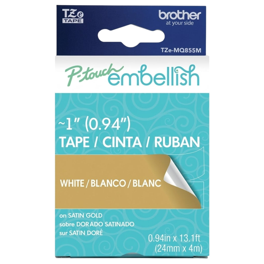 Brother P-touch TZe-MQ855M White on Satin Gold Tape, 24 mm