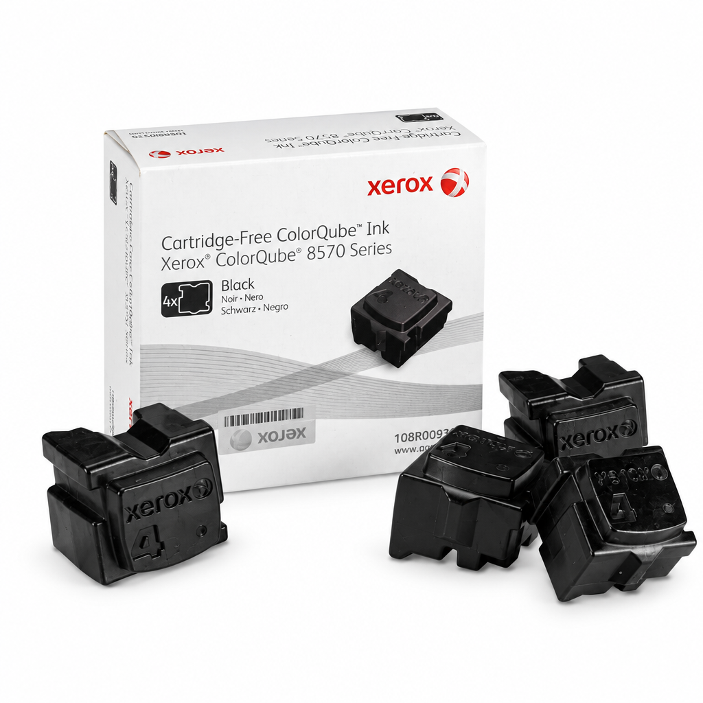 Four black Xerox ColorQube 8570 Series cartridge-free ink blocks arranged in front of their white retail box on a clean white background.